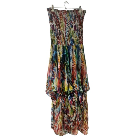 Alberto Makali L Multicolor Strapless Smocked Bodice Layered Maxi Dress Boho - Picture 1 of 11